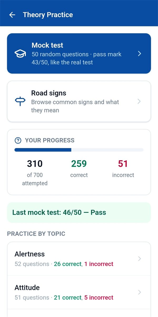 Theory test practice in the app
